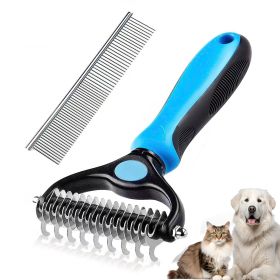 Pet Grooming Brush and Metal Comb Combo (Color: Blue)