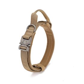 Adjustable Nylon Dog Collar Heavy Duty Metal Buckle with Handle for Dog Training (Color: Khaki, size: L)