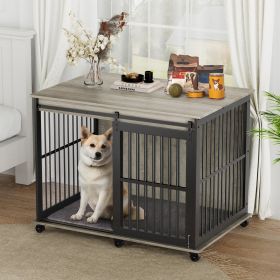 Furniture dog crate with mat. (Rustic Brown,43.7''W x 30''D x 33.7''H). (Color: Grey)